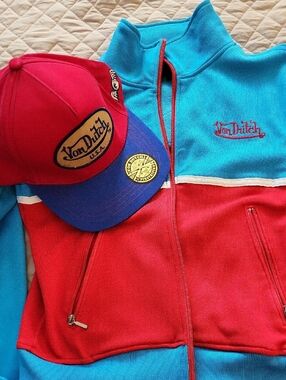 Von Dutch Turquoise and Red Colorblock Track Jacket FREE HAT w Purchase